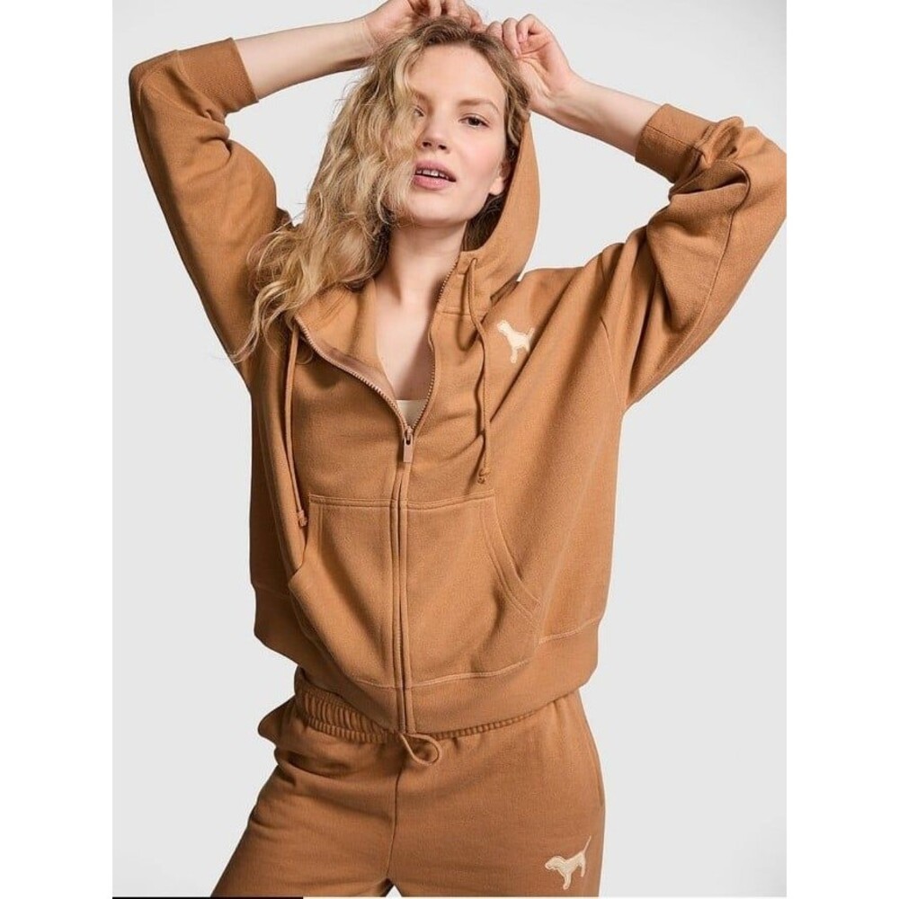 VS PINK HOODIE FULL ZIP JACKET TOFFEE L